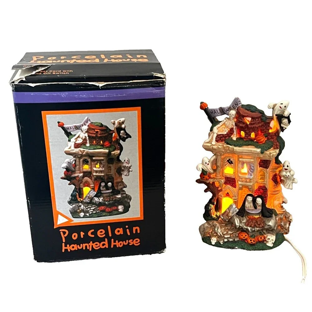 Porcelain Lighted Haunted House Halloween Ghost Pumpkin Skeleton Village READ